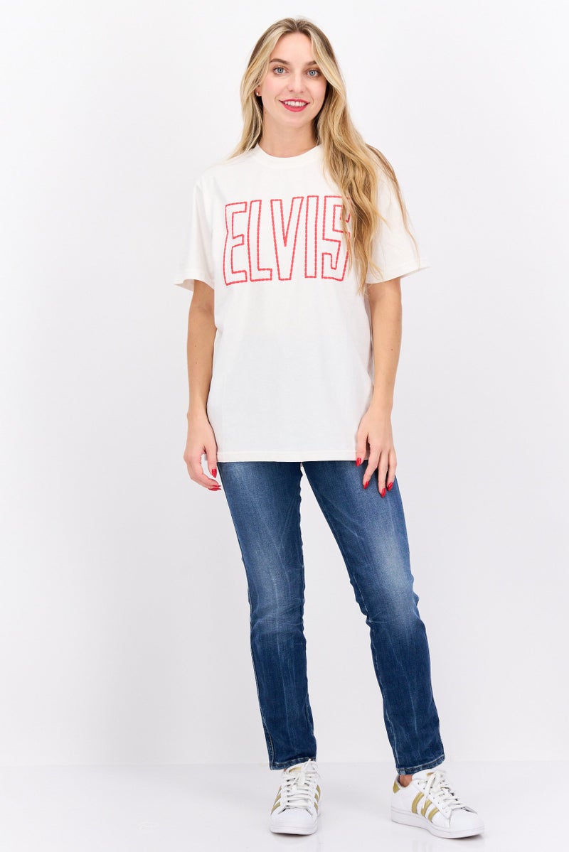 ELVIS Women Crew Neck Short Sleeves Brand Logo T-Shirt, Off White  - Image 4