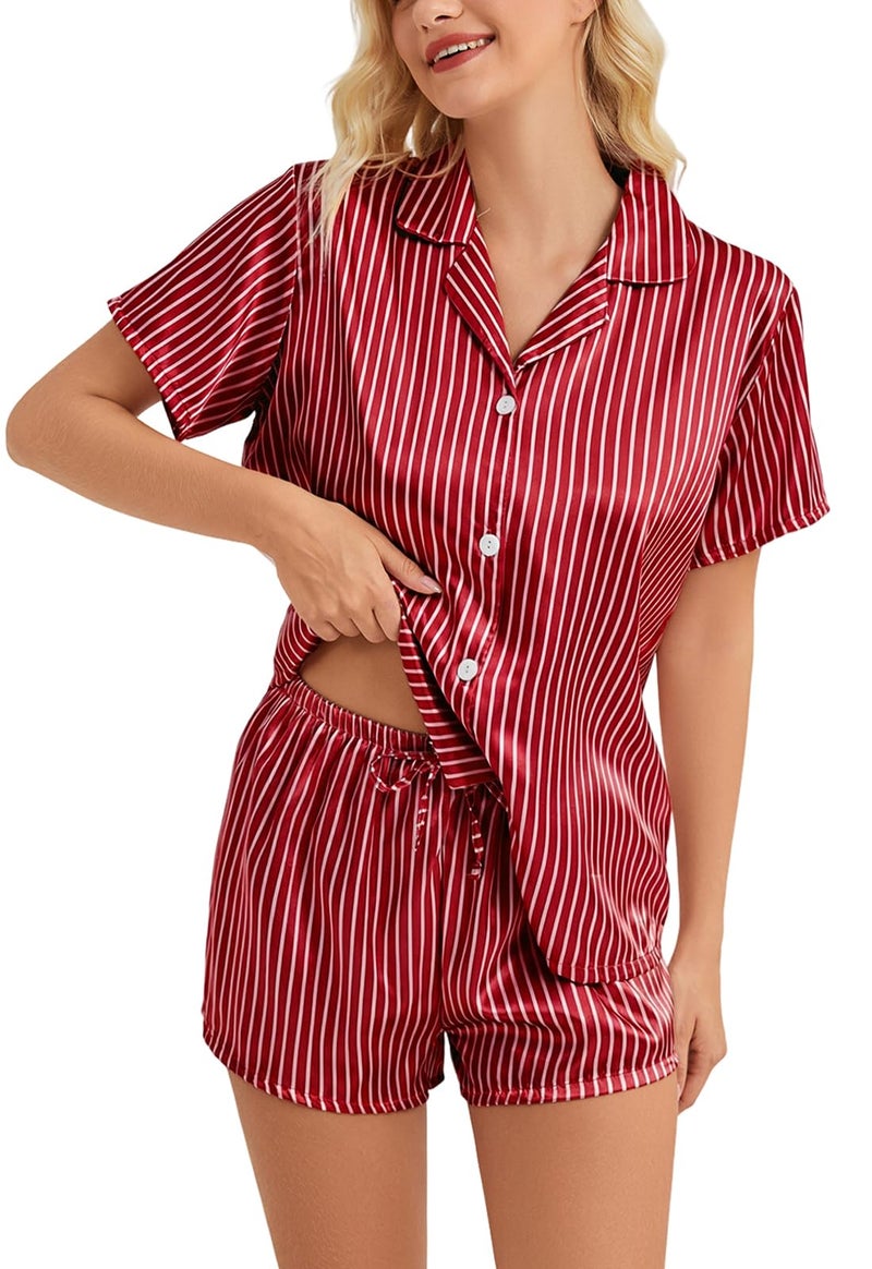 DingCo Women's Satin Pajamas Set - Soft Button-Up Top with Pinstripes and Drawstring Silky Shorts, Satin Classic Loungewear (Small, Red) - Image 1