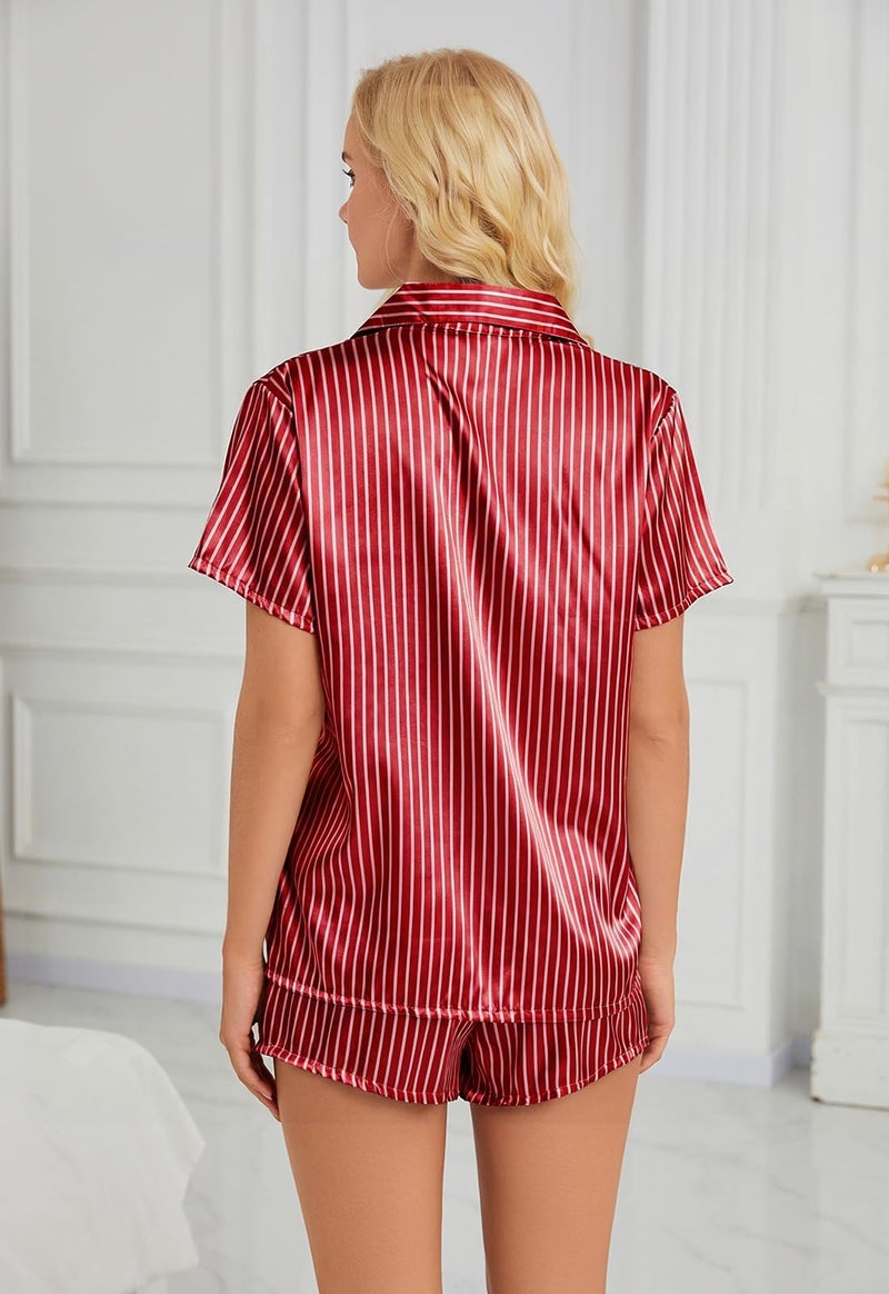 DingCo Women's Satin Pajamas Set - Soft Button-Up Top with Pinstripes and Drawstring Silky Shorts, Satin Classic Loungewear (Small, Red) - Image 4