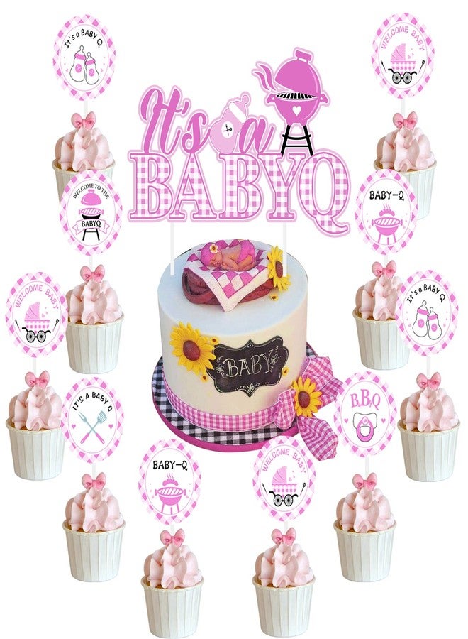 Cheereveal تشيريفيل، 25 قطعة، زينة كب كيك لحفل استقبال المولود، بتصميم "It's a Baby Q"، باللون الوردي، بطابع نزهة الشواء، وديكورات لحفل استقبال المولود - Image 1