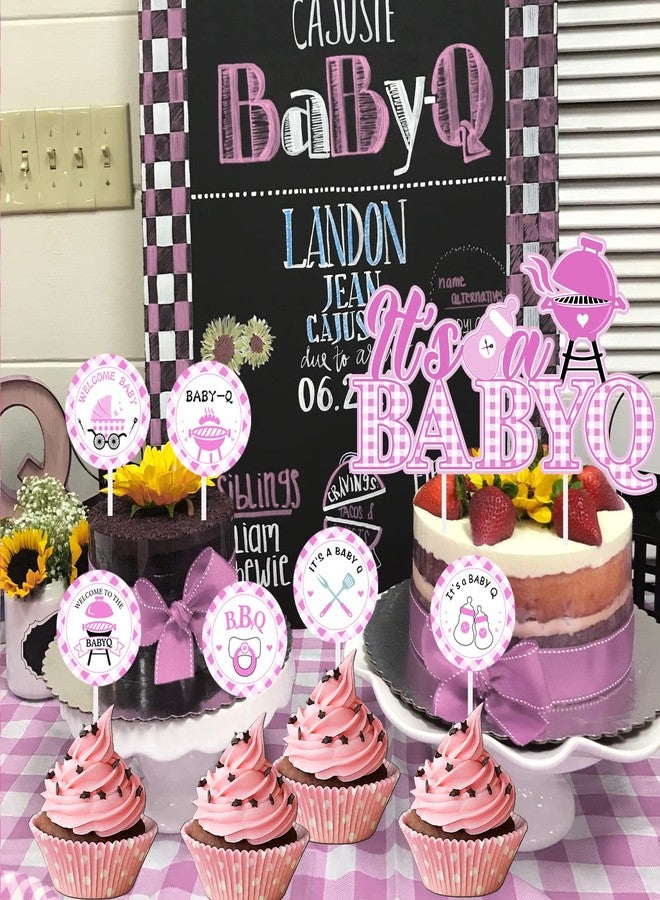 Cheereveal تشيريفيل، 25 قطعة، زينة كب كيك لحفل استقبال المولود، بتصميم "It's a Baby Q"، باللون الوردي، بطابع نزهة الشواء، وديكورات لحفل استقبال المولود - Image 4