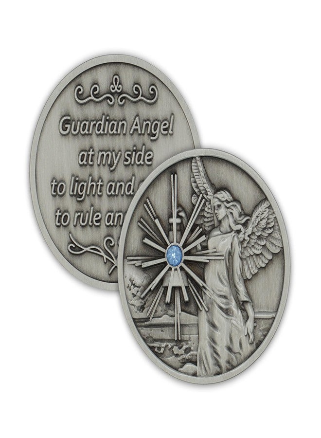 The Token Shop Pewter Guardian Angel Coin Affirmation Gift Token Medallion with Aqua Crystal Gemstone and Angel Prayer on Back - Image 1