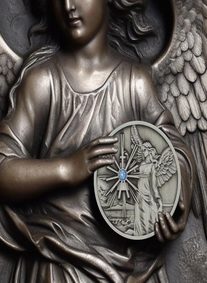 The Token Shop Pewter Guardian Angel Coin Affirmation Gift Token Medallion with Aqua Crystal Gemstone and Angel Prayer on Back - Image 2
