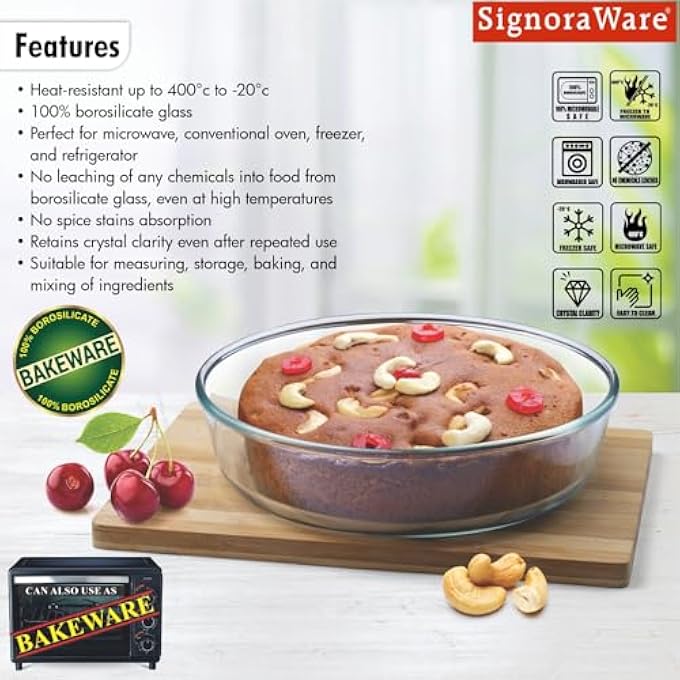 Signoraware Bake N Serve Round Bakeware Safe and Oven Safe Glass Dish Tray  Borosilicate Glass Bowl Container  Microwave Oven Safe Baking 2100ml Set of 1 Clear - Image 5