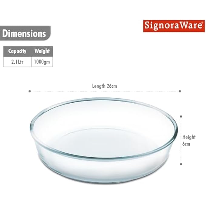 Signoraware Bake N Serve Round Bakeware Safe and Oven Safe Glass Dish Tray  Borosilicate Glass Bowl Container  Microwave Oven Safe Baking 2100ml Set of 1 Clear - Image 3
