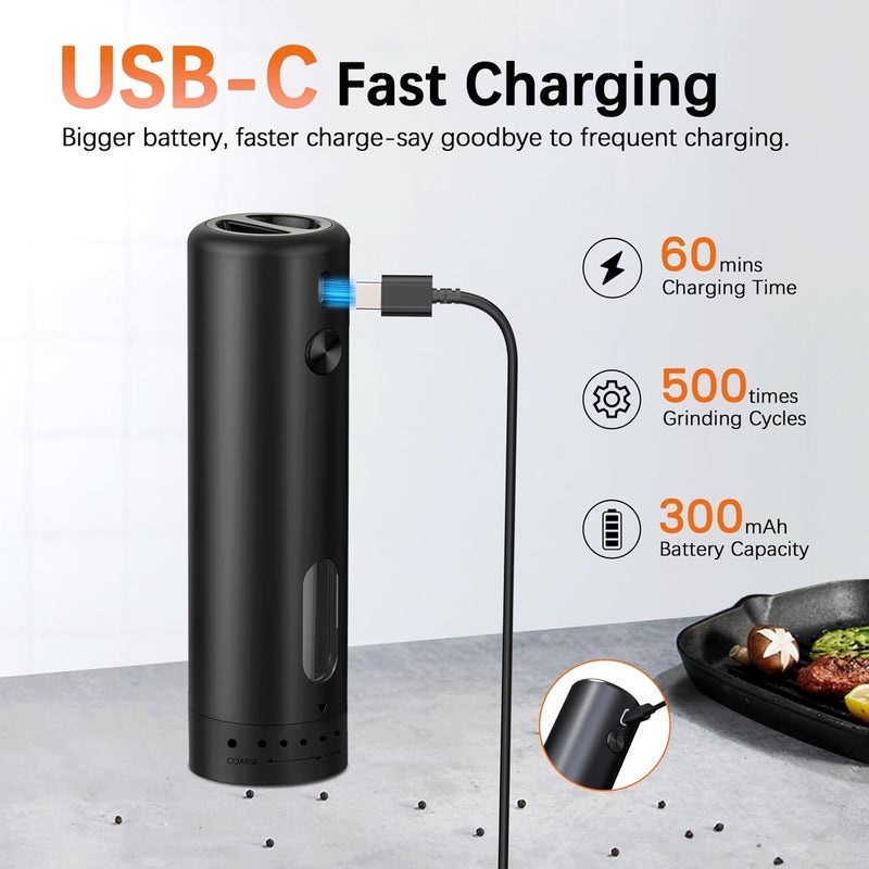MERTTURM Electric Pepper Grinder, USB Rechargeable Automatic Salt Pepper Spice Mill, Upgraded Larger Capacity, External Adjustable Coarseness with White Light, One-Handed Operation(1 pack) - Image 3
