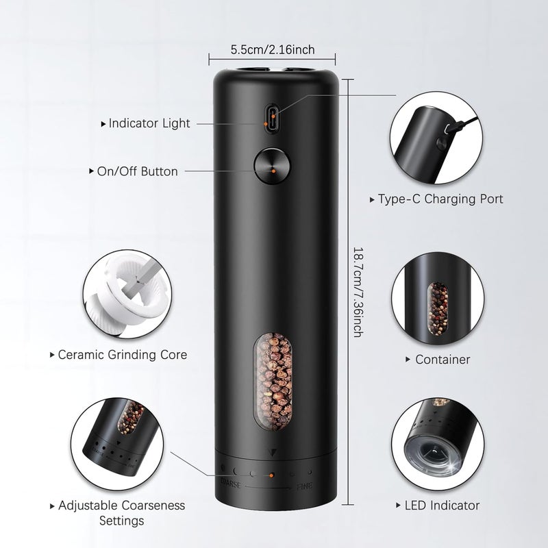 MERTTURM Electric Pepper Grinder, USB Rechargeable Automatic Salt Pepper Spice Mill, Upgraded Larger Capacity, External Adjustable Coarseness with White Light, One-Handed Operation(1 pack) - Image 5