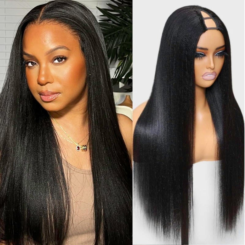 Nadula V Part Wig Yaki Straight Human Hair No Leave Out Glueless Upgraded U Part Wigs for Women10A Yaki Straight Vpart Wigs V Shape Clip in Half Wig Ready to Go 150 Density 20inch