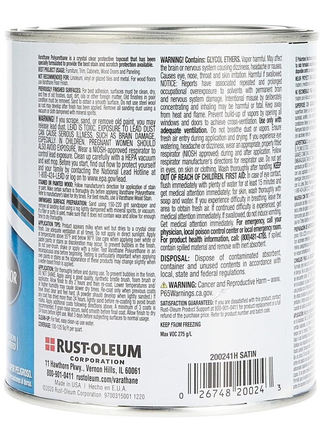 RUST-OLEUM Varathane 200241H Water Based Ultimate Polyurethane Quart Satin Finish  - Image 2