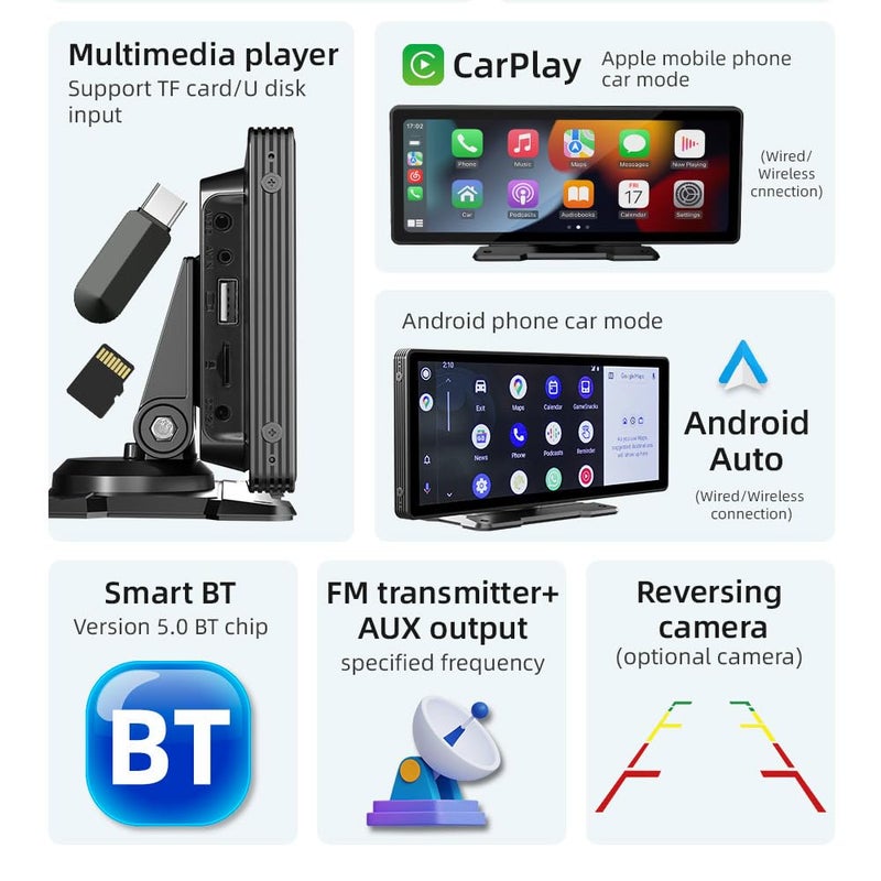 Generic Sunweyer Portable Apple CarPlay Screen and Android Car Wireless Display Car Radio, 9.3 Inch HD IPS Touch Screen, Supports 1080p Rear View Camera and Bluetooth/AUX/FM Transmitter  - Image 2