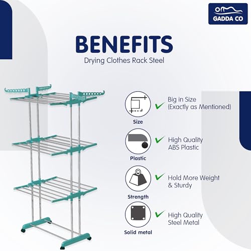 GADDA CO 3-Tier Premium Cloth Drying Stand | Heavy-Duty Foldable Clothes Rack with Wheels, 24 Hanger Rods & Adjustable Side Wings | Anti-Rust Steel | Teal Green | Size: 65 x 31 x 17 Inch - Image 2