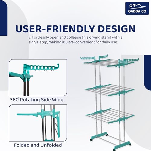 GADDA CO 3-Tier Premium Cloth Drying Stand | Heavy-Duty Foldable Clothes Rack with Wheels, 24 Hanger Rods & Adjustable Side Wings | Anti-Rust Steel | Teal Green | Size: 65 x 31 x 17 Inch - Image 4