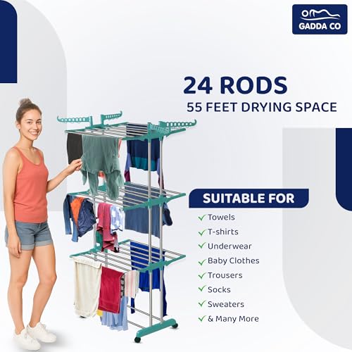 GADDA CO 3-Tier Premium Cloth Drying Stand | Heavy-Duty Foldable Clothes Rack with Wheels, 24 Hanger Rods & Adjustable Side Wings | Anti-Rust Steel | Teal Green | Size: 65 x 31 x 17 Inch - Image 5