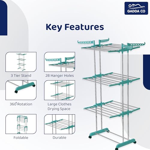 GADDA CO 3-Tier Premium Cloth Drying Stand | Heavy-Duty Foldable Clothes Rack with Wheels, 24 Hanger Rods & Adjustable Side Wings | Anti-Rust Steel | Teal Green | Size: 65 x 31 x 17 Inch - Image 3