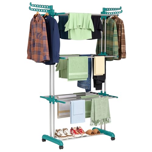 GADDA CO 3-Tier Premium Cloth Drying Stand | Heavy-Duty Foldable Clothes Rack with Wheels, 24 Hanger Rods & Adjustable Side Wings | Anti-Rust Steel | Teal Green | Size: 65 x 31 x 17 Inch - Image 1