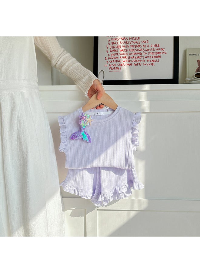 Girls Summer Set Korean Style Sleeveless Vest Shorts Two-piece Jacquard Breathable Cotton Fashionable Princess Style