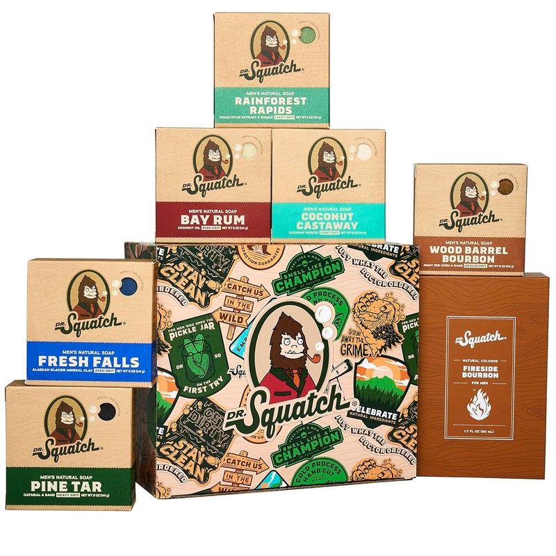 Dr Squatch 2024 Holiday Bundle  Mens Natural 6 Soap and 1 Cologne Gift Set  Cold Process Soap with No Harsh Chemicals  Natural Cologne Made With SustainablySourced Ingredients