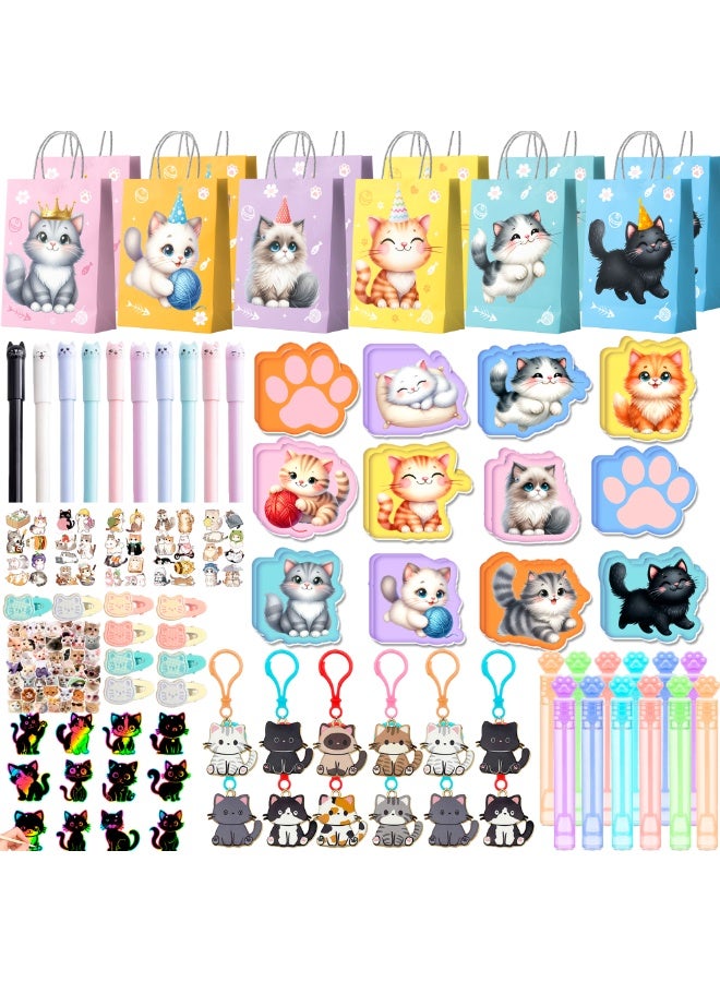 FRUITFUL PARTY Cat Party Favor Set for 12 Guests – 108 Pcs Cute Kitten Gift Bundle with Gift Bags Pens Keychains Temporary Tattoos Stickers Hair Clips Mini Notebooks Scratch Paintings & Bubble Wands, Perfect Kids Birthday Return Gifts for Birthday Party Decorations - Image 1