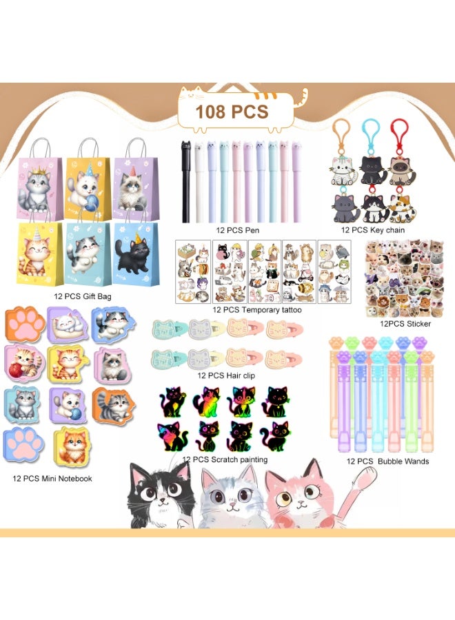 FRUITFUL PARTY Cat Party Favor Set for 12 Guests – 108 Pcs Cute Kitten Gift Bundle with Gift Bags Pens Keychains Temporary Tattoos Stickers Hair Clips Mini Notebooks Scratch Paintings & Bubble Wands, Perfect Kids Birthday Return Gifts for Birthday Party Decorations - Image 2
