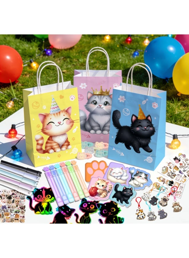 FRUITFUL PARTY Cat Party Favor Set for 12 Guests – 108 Pcs Cute Kitten Gift Bundle with Gift Bags Pens Keychains Temporary Tattoos Stickers Hair Clips Mini Notebooks Scratch Paintings & Bubble Wands, Perfect Kids Birthday Return Gifts for Birthday Party Decorations - Image 4