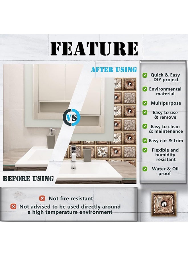 جُودِيَّة ​​٢٠ قطعة ملصقات بلاط للحمام والمطبخ، DIY ذاتية اللصق نمط المغرب بلاط ريترو، مقاوم للزيت ومقاوم للماء PVC، زهور بنية، ١٠ × ١٠ سم تقشير ولصق - Image 5