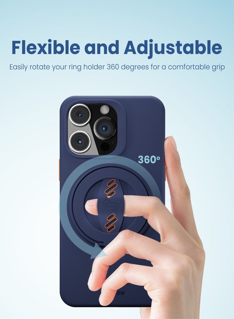 Remson Mag-X Phone Grip Finger Strap Magnetic Phone Kickstand with Silicone Strap Compatible for iPhone 14, 13 Pro/Max/Plus (Blue/Orange) - Image 2