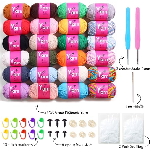 Sekafris 24 Pack Crochet Yarn Beginner Cotton Chunky Yarn Black White Orange Red Green Rainbow Pink Yellow EasytoSee Stitches for Crocheting 24 50g - Image 3