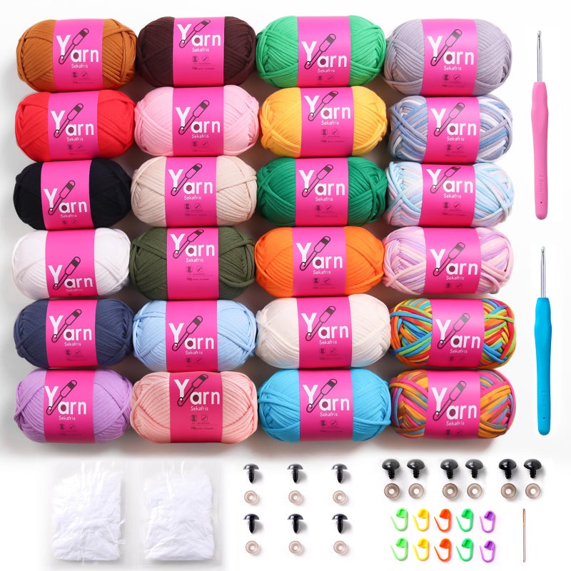 Sekafris 24 Pack Crochet Yarn Beginner Cotton Chunky Yarn Black White Orange Red Green Rainbow Pink Yellow EasytoSee Stitches for Crocheting 24 50g - Image 2