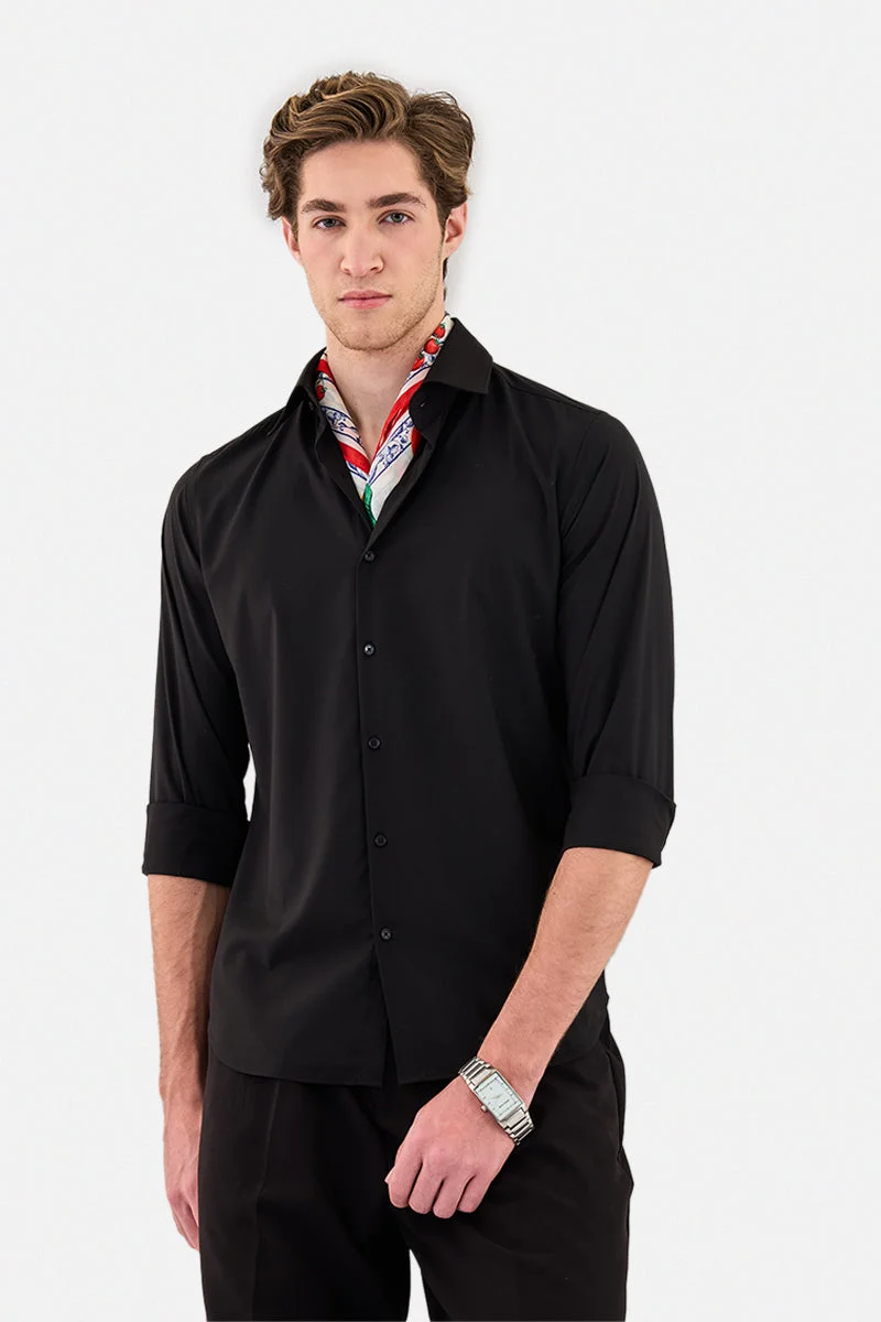 SNITCH Black Solid Long Sleeve Slim Fit Luxe Shirt