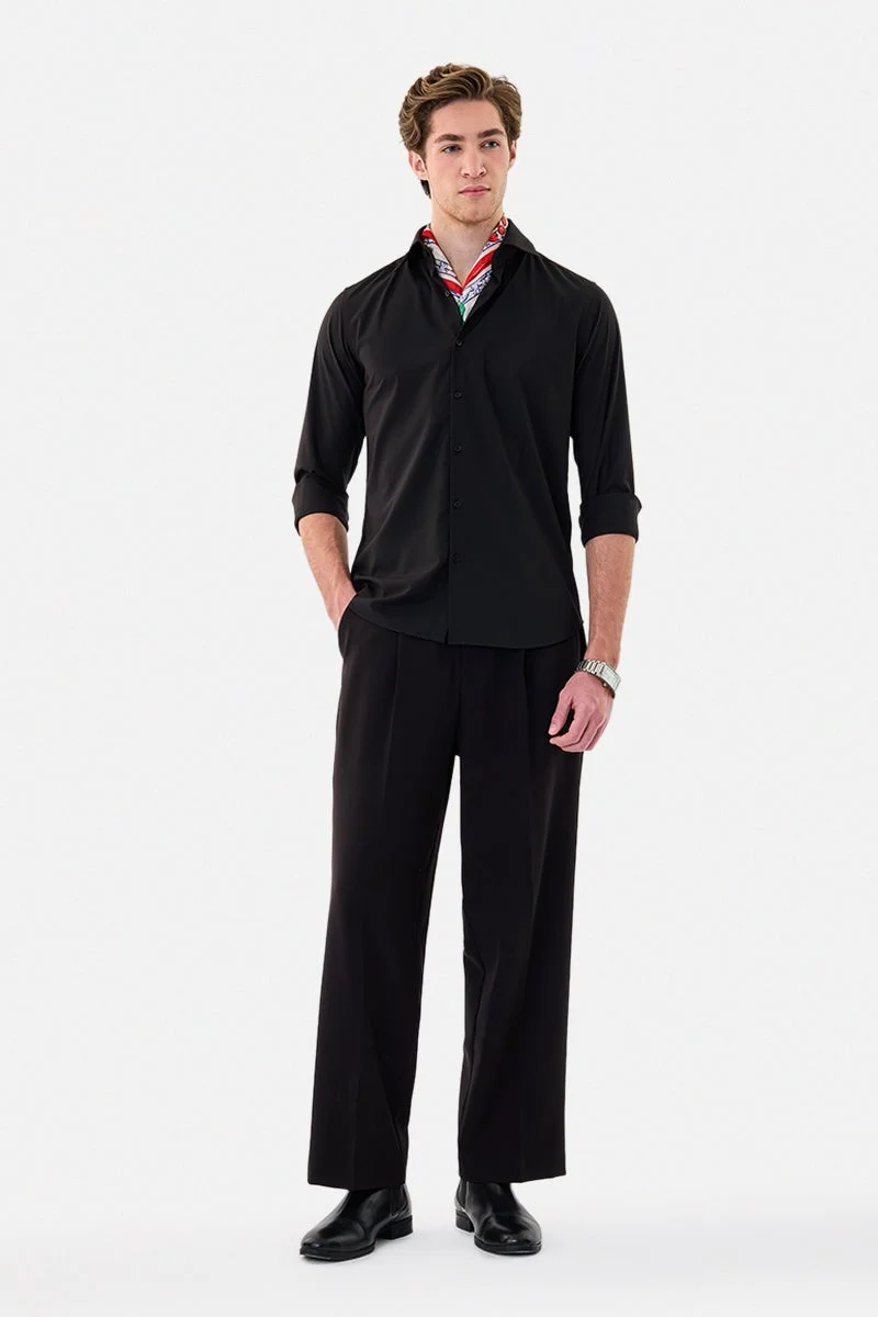 سنيتش Black Solid Long Sleeve Slim Fit Luxe Shirt