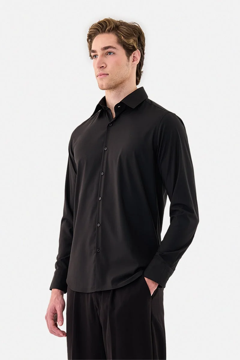 SNITCH Black Solid Long Sleeve Slim Fit Luxe Shirt