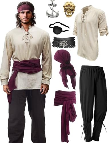 Verceco Mens Pirate Costume Outfit Renaissance Costume Men Medieval Outfit With Pirate Pants Shirts Sash Accessories khaki Medium - Image 1