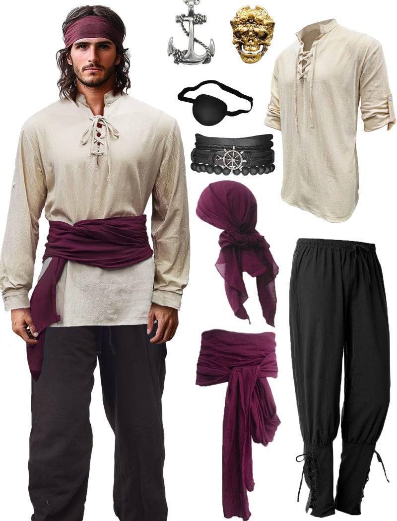 Verceco Mens Pirate Costume Outfit Renaissance Costume Men Medieval Outfit With Pirate Pants Shirts Sash Accessories khaki Medium - Image 2