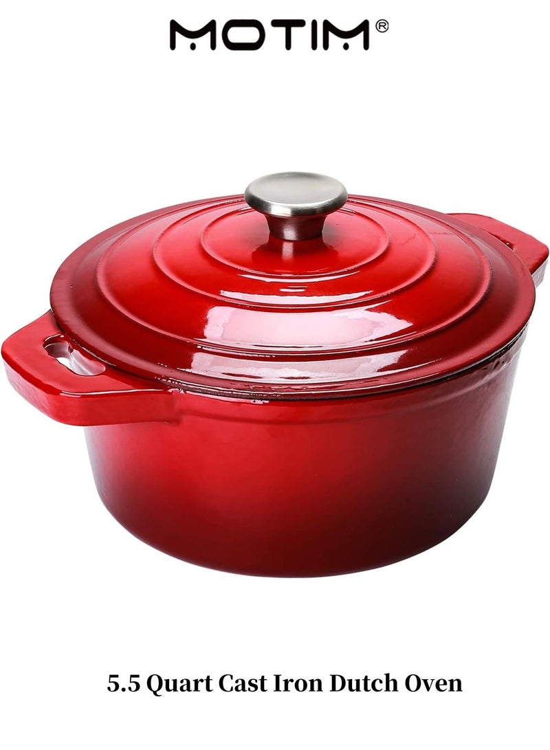 Motim 5.5 Quart Red Enameled Cast Iron Dutch Oven with Lid Versatile Cookware for Roasting Baking Stovetop Use Even Heat Distribution Easy Clean Coating Perfect for Home Chefs Cooking Enthusiasts - Image 1