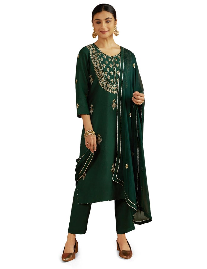 Kaari Women Silk Roman 7525 Kurta Set (KAAAW24WSKD-70019_Royal Emerald_XL) - Image 1