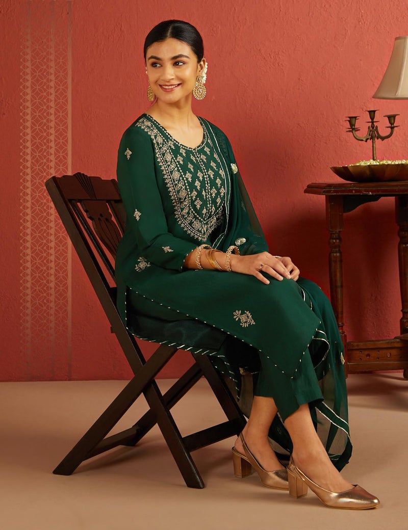 Kaari Women Silk Roman 7525 Kurta Set (KAAAW24WSKD-70019_Royal Emerald_XL) - Image 2