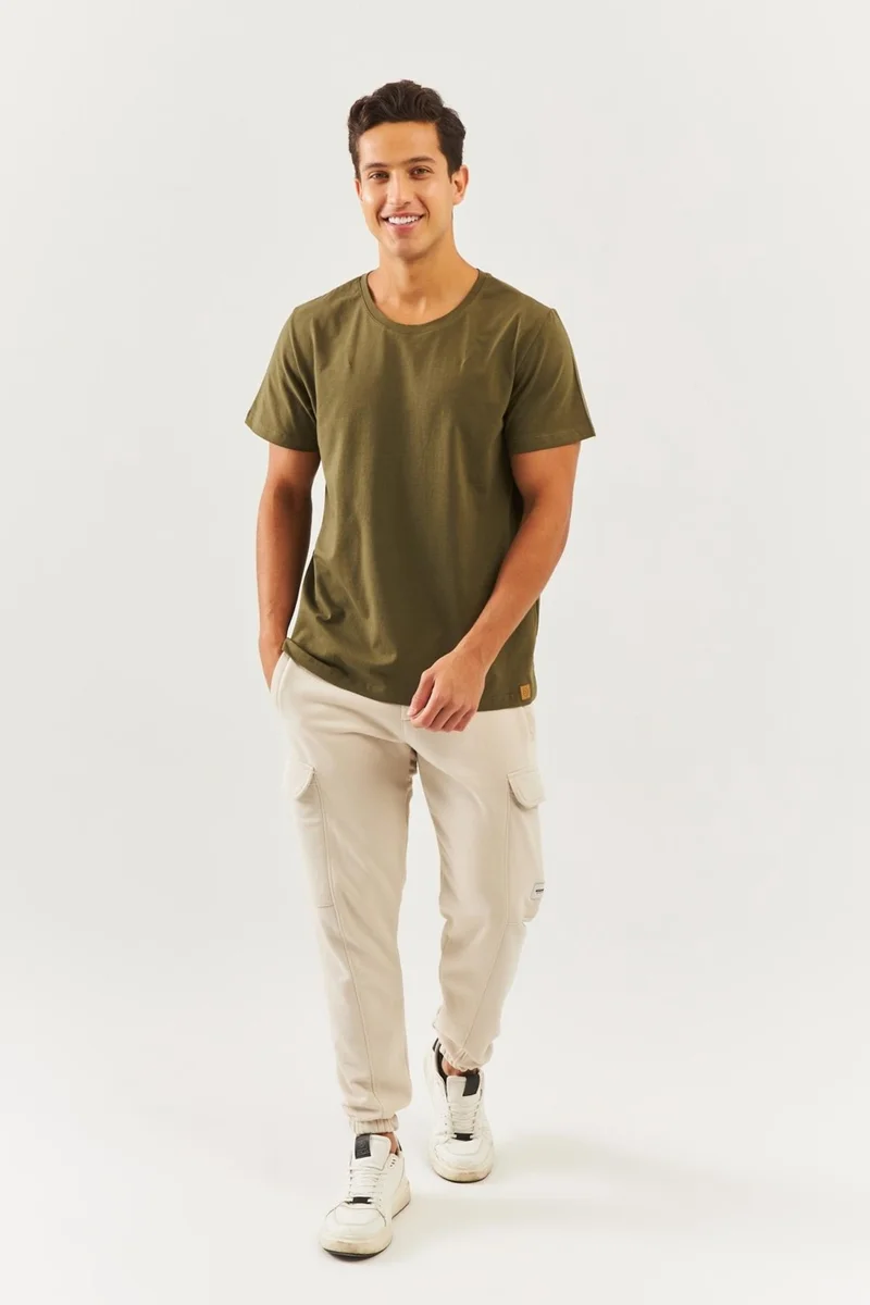 Butikgiz Khaki Oversize Comfortable Cotton Combed Crew Neck Short Sleeve Basic T-Shirt Classic Collection