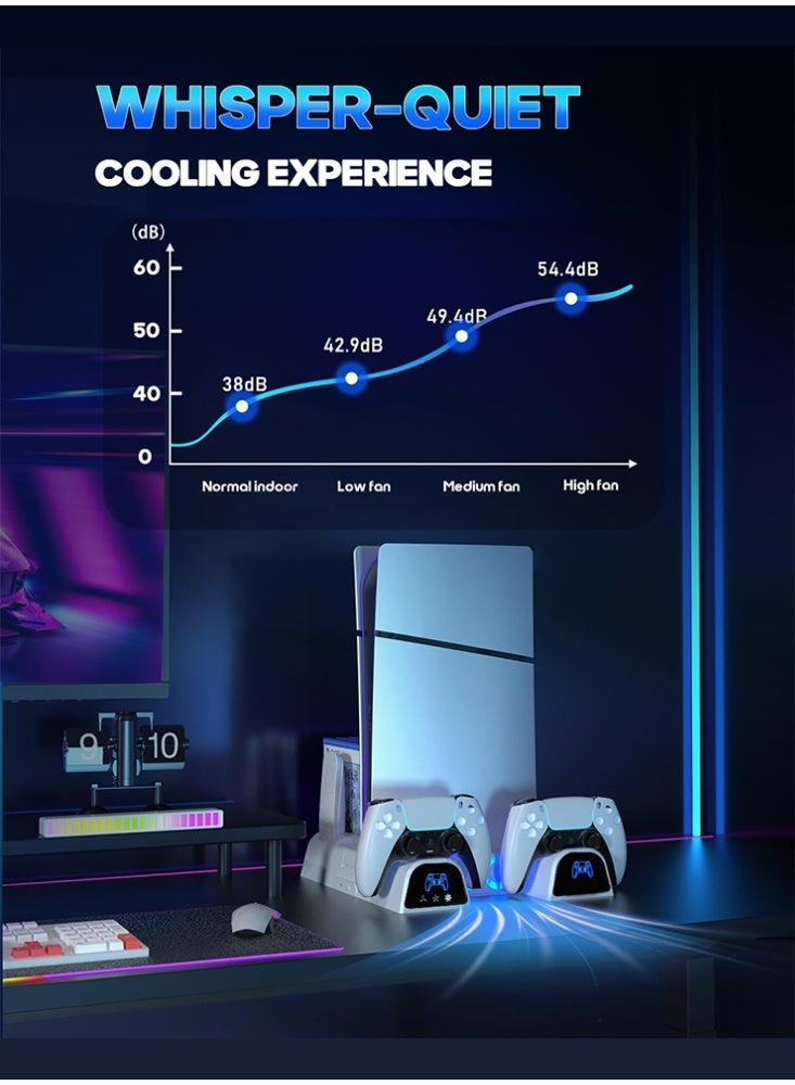 دوبي حامل تبريد PS5/Slim/Pro للأقراص ووحدات التحكم الرقمية، وشاحن وحدة تحكم PS5 مع مروحة ثلاثية المستويات و11 قطعة لتخزين الألعاب، وملحقات PS5/Slim/Pro - Image 4