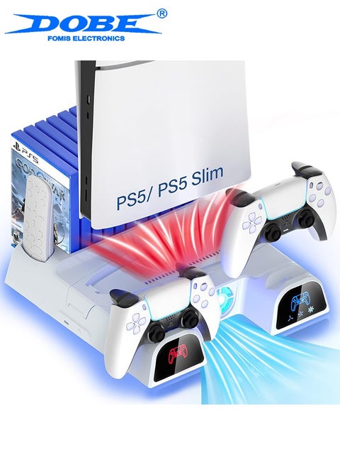 حامل تبريد PS5/Slim/Pro للأقراص ووحدات التحكم الرقمية، وشاحن وحدة تحكم PS5 مع مروحة ثلاثية المستويات و11 قطعة لتخزين الألعاب، وملحقات PS5/Slim/Pro