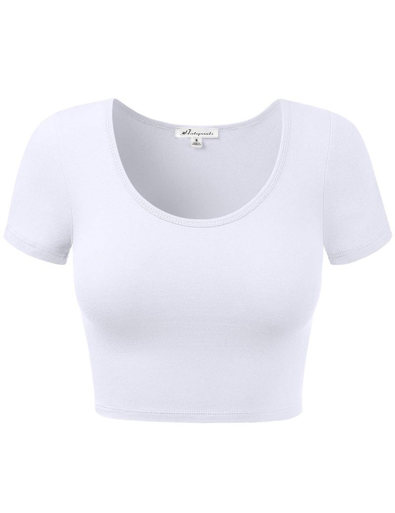 HATOPANTS Women Cotton Scoop Neck Crop Tops Short Sleeve Basic Casual Shirts White L - Image 1