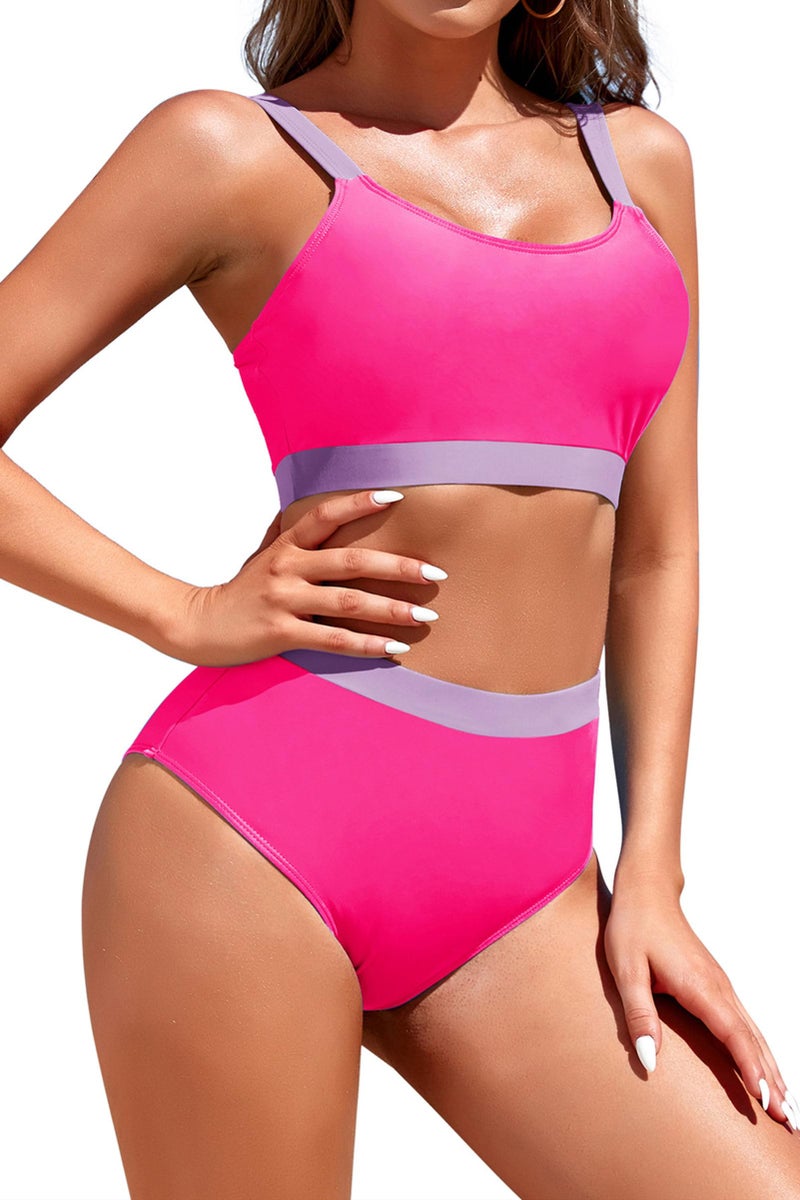 Adisputent Womens High Waisted Bikini Sets Sporty Crop Top Color Block Swimwear Bandeau Scoop Neck Vintage Two Piece Bathing Suits Hot XL - Image 3