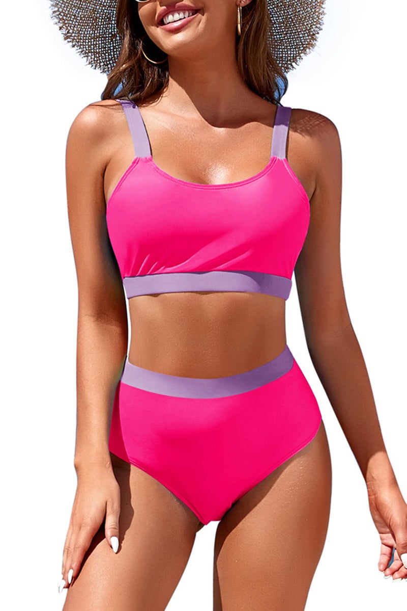 Adisputent Womens High Waisted Bikini Sets Sporty Crop Top Color Block Swimwear Bandeau Scoop Neck Vintage Two Piece Bathing Suits Hot XL - Image 4