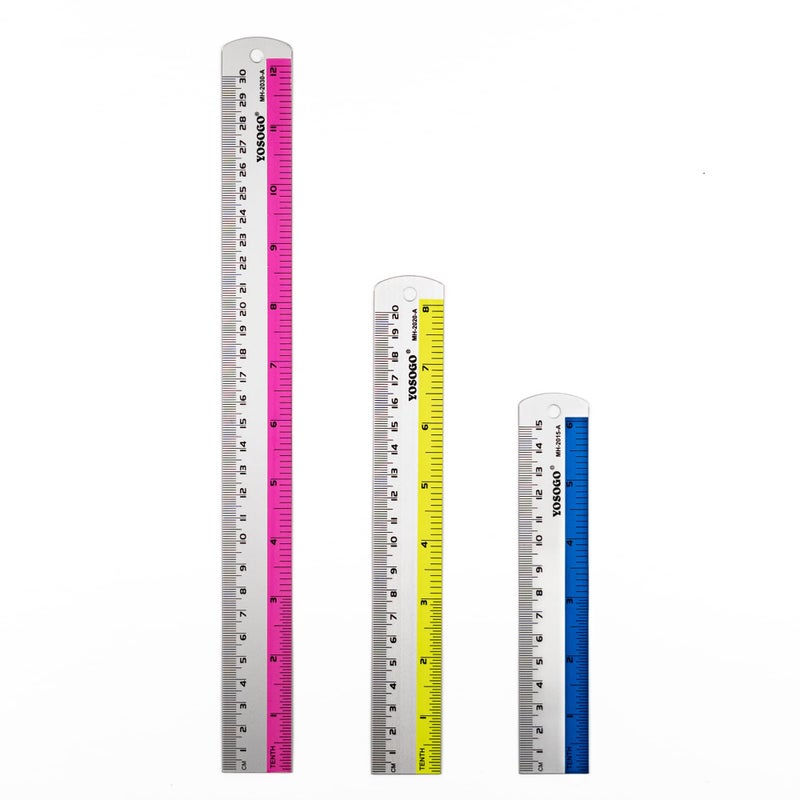 Set of 3 Aluminum Rulers of 6â€, 8â€, 12â€ in Inch and cm Scale W/Hanging Hole (Random Color)