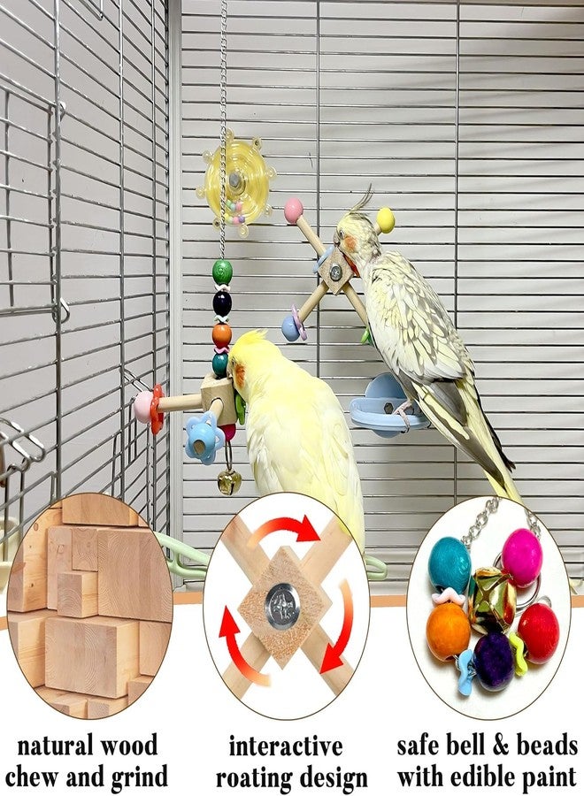 Jevnd 2pcs Bird Spinner Toys for Parrots with Bells, Natural Wood Parakeet Toys for Cage, Bird Cage Accessories Chewing Hanging for Small and Medium Birds, Cockatiel, Conure, Lovebird, Budgie, Quaker - Image 3