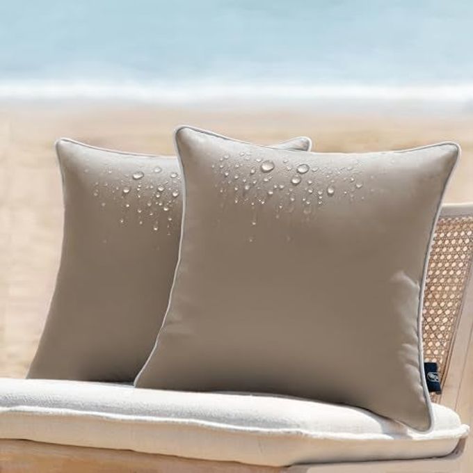 Phantoscope Pack of 2 Outdoor Waterproof Solid Throw Decorative Pillow Cover Decorative Square Outdoor Pillows Cushion Case Patio Pillows for Couch Tent, Light Coffee 18x18 inches 45x45 cm - Image 1