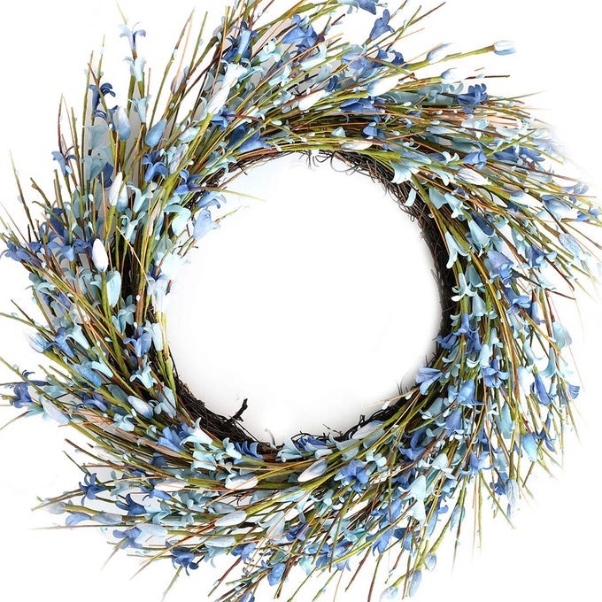 18INCH ARTIFICIAL FORSYTHIA FLOWER WREATH ALL YEAR AROUND WREATH FOR FRONT DOOR WEDDING WINDOW HOME WALL INDOOR FRONT DOOR DECOR BLUE 18IN