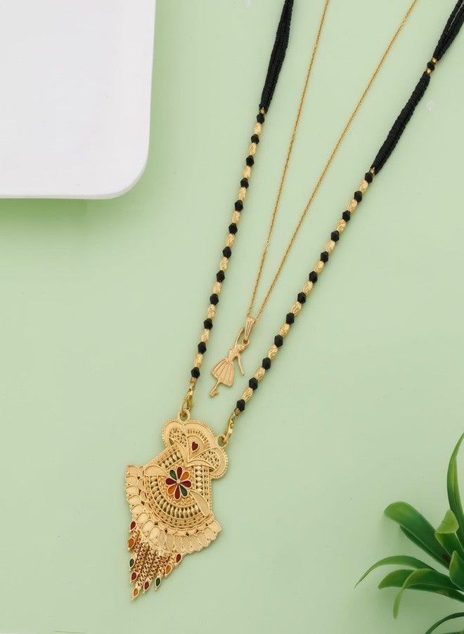 MALKYN Women's Gold Plated Traditional Indian Mangalsutra with Enamel Work and Delicate Ballerina Pendant Layered Necklace Set, Black Beaded Wedding Jewelry-MD-119 - Image 2
