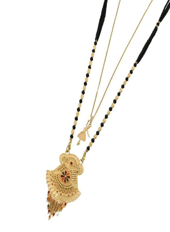 MALKYN Women's Gold Plated Traditional Indian Mangalsutra with Enamel Work and Delicate Ballerina Pendant Layered Necklace Set, Black Beaded Wedding Jewelry-MD-119 - Image 1