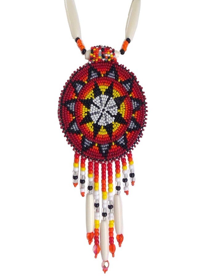 BeadsCorner Native Style Beaded Necklace Earrings Set with Large Rosette Pendant (Red Fire Star) - Image 1