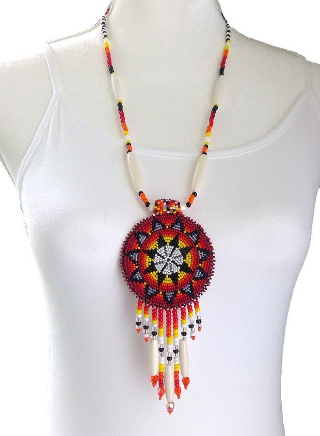 BeadsCorner Native Style Beaded Necklace Earrings Set with Large Rosette Pendant (Red Fire Star) - Image 3